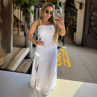 Women Solid Color Sleeveless Split Hip Strap Backless Dress by Ragazza