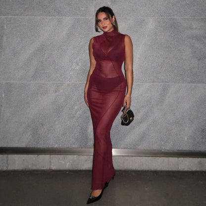 Spring Women Clothing Solid Color Sexy Sheer Mesh High Waist Figure Flattering Sheath Dress by Ragazza