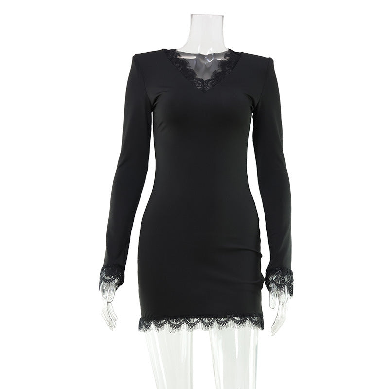Autumn Women Clothing French Lace V neck Solid Color Simple Slim Fit Long Sleeve Narrow Short Dress by Ragazza