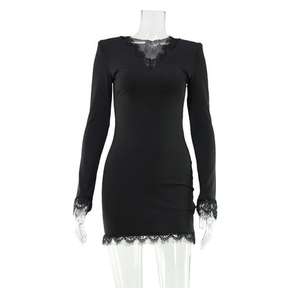 Autumn Women Clothing French Lace V neck Solid Color Simple Slim Fit Long Sleeve Narrow Short Dress by Ragazza