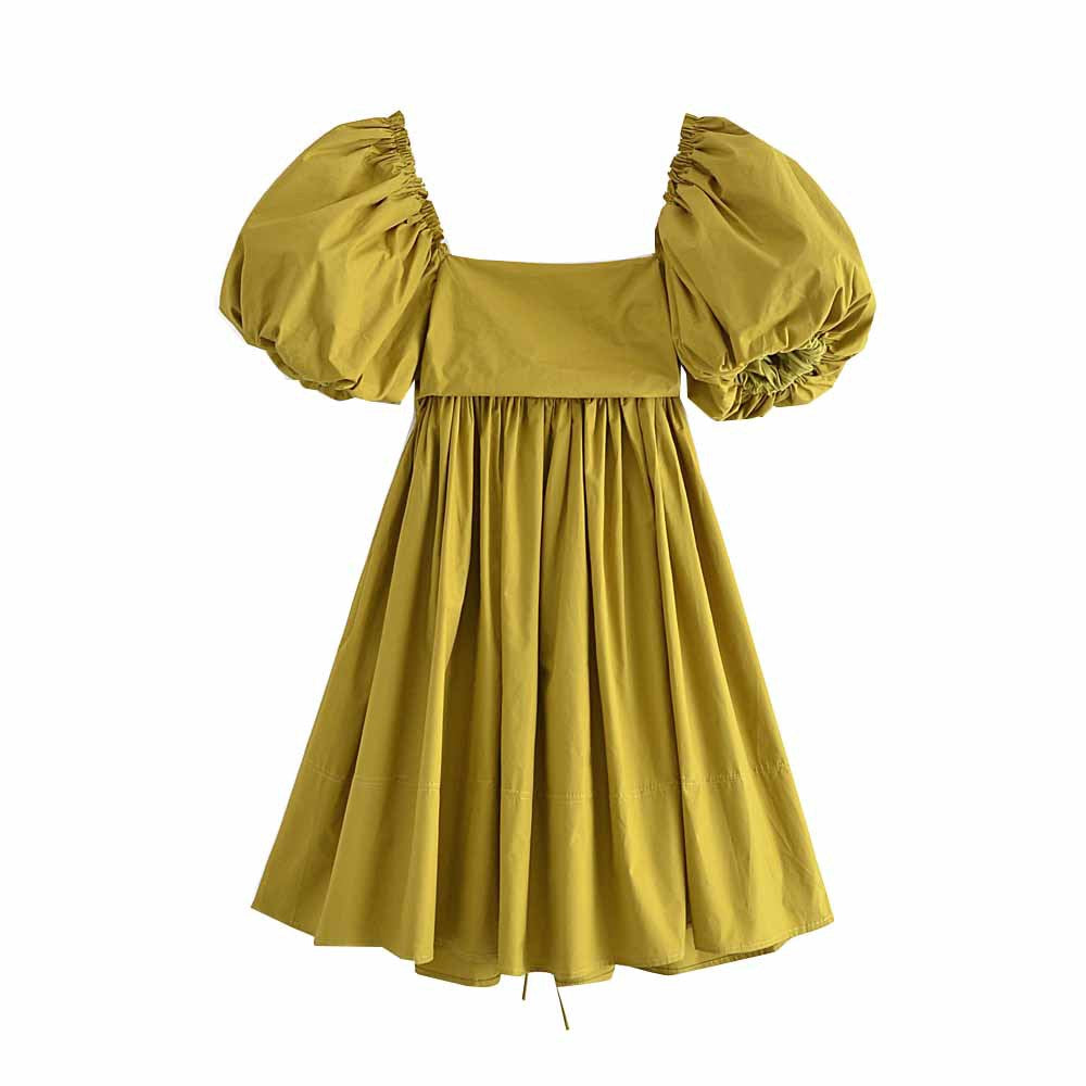 Spring Women Clothing French Retro Mustard Super Long Lace-up Puff Sleeve Short Sleeve Dress by Ragazza