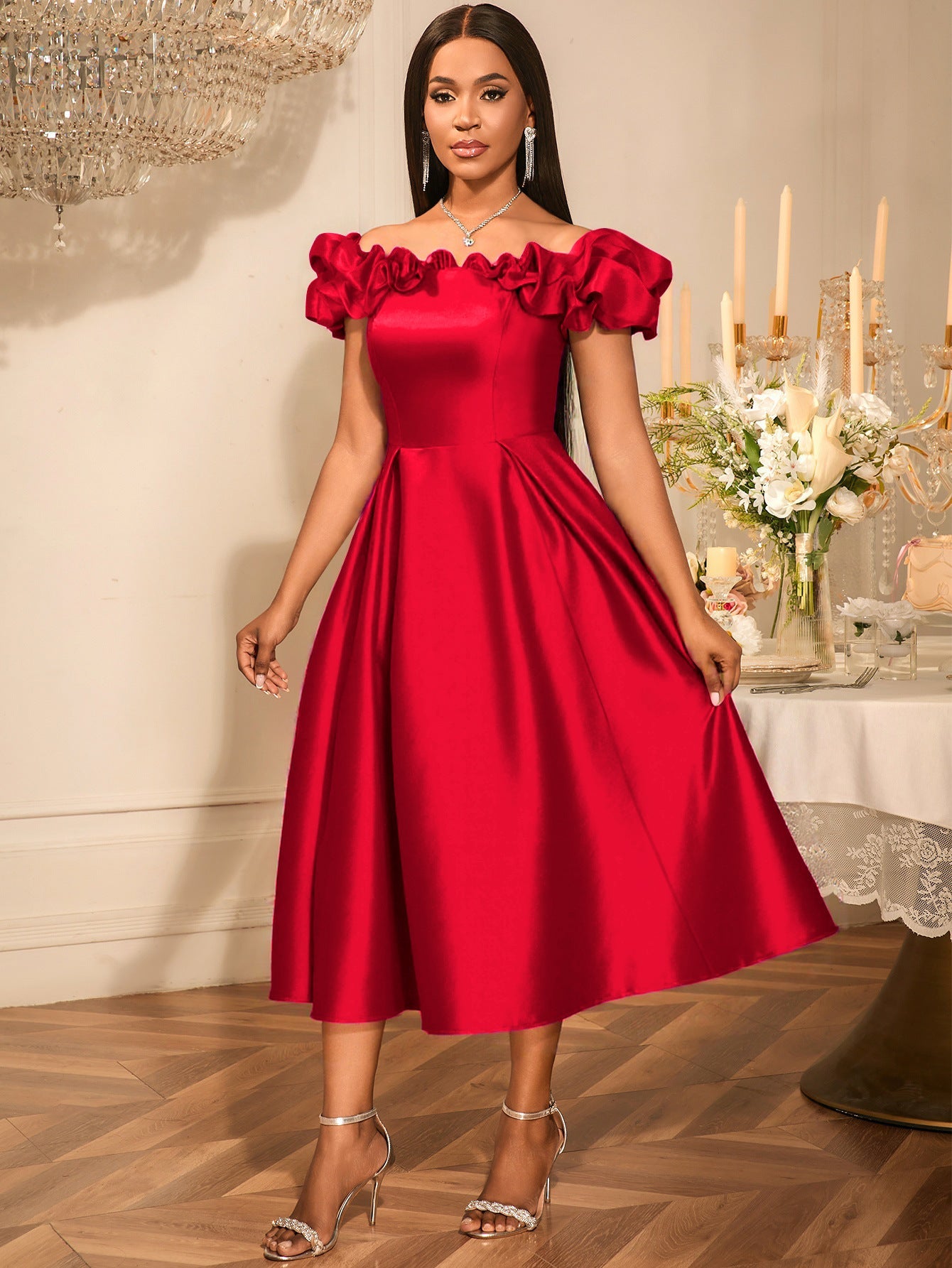 Sexy off the Shoulder Puffy Pleated Waist Tight a Expansion Dress Cocktail Wedding Bridesmaid Midi Dress by Ragazza