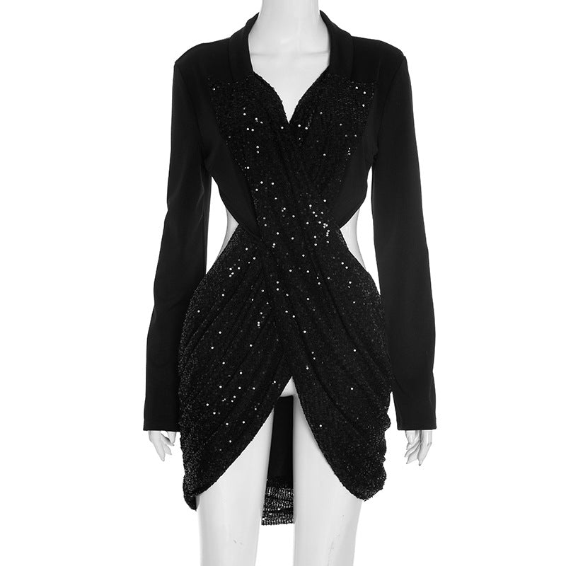Women Clothing Autumn Solid Color Sequ Backless Long Sleeves Slim Fit Elegant Short Stitching Dress by Ragazza