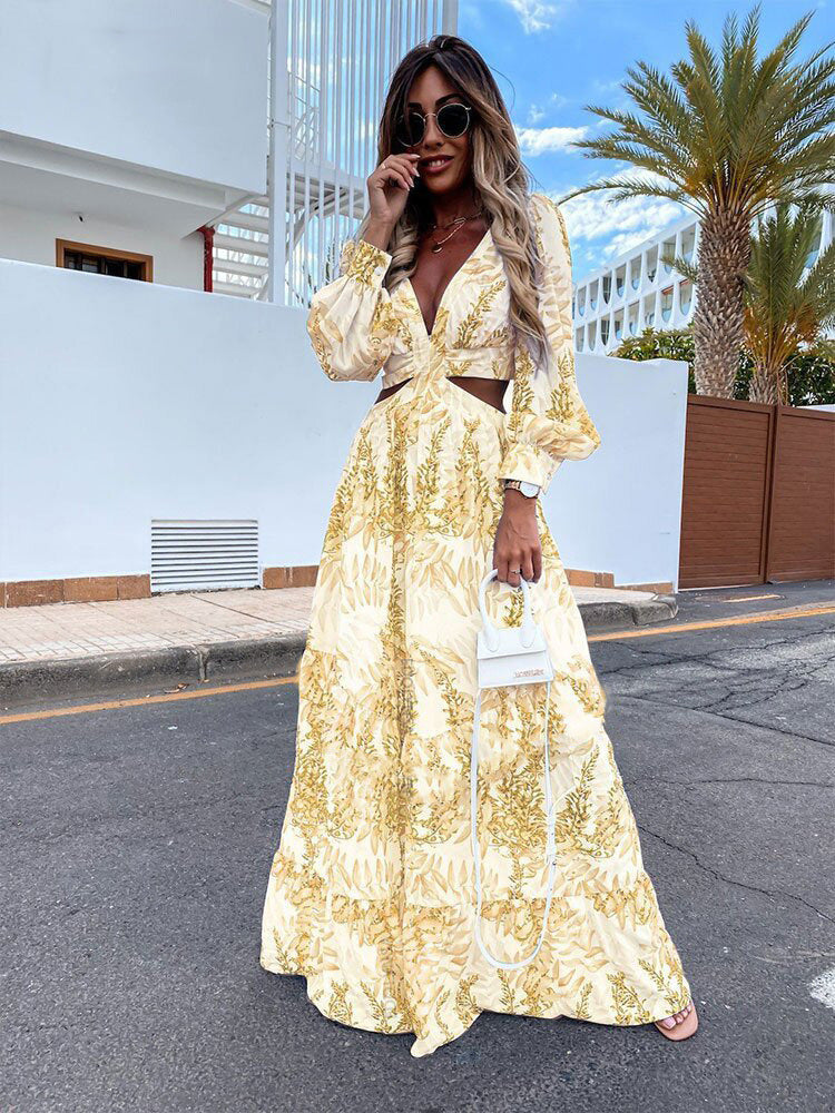 Women Wear Spring Long Printed V neck Long Sleeve Elegant Dress by Ragazza