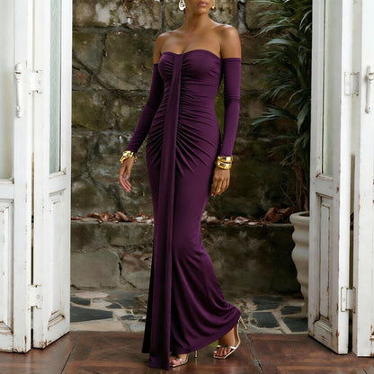 Women Clothing Autumn Wrapped Chest Pleated Slim Independent Sleeve Length Dress  DestGlow