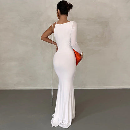 Women Clothing Autumn Winter Sexy Solid Color One Shoulder Slim Dress by Ragazza