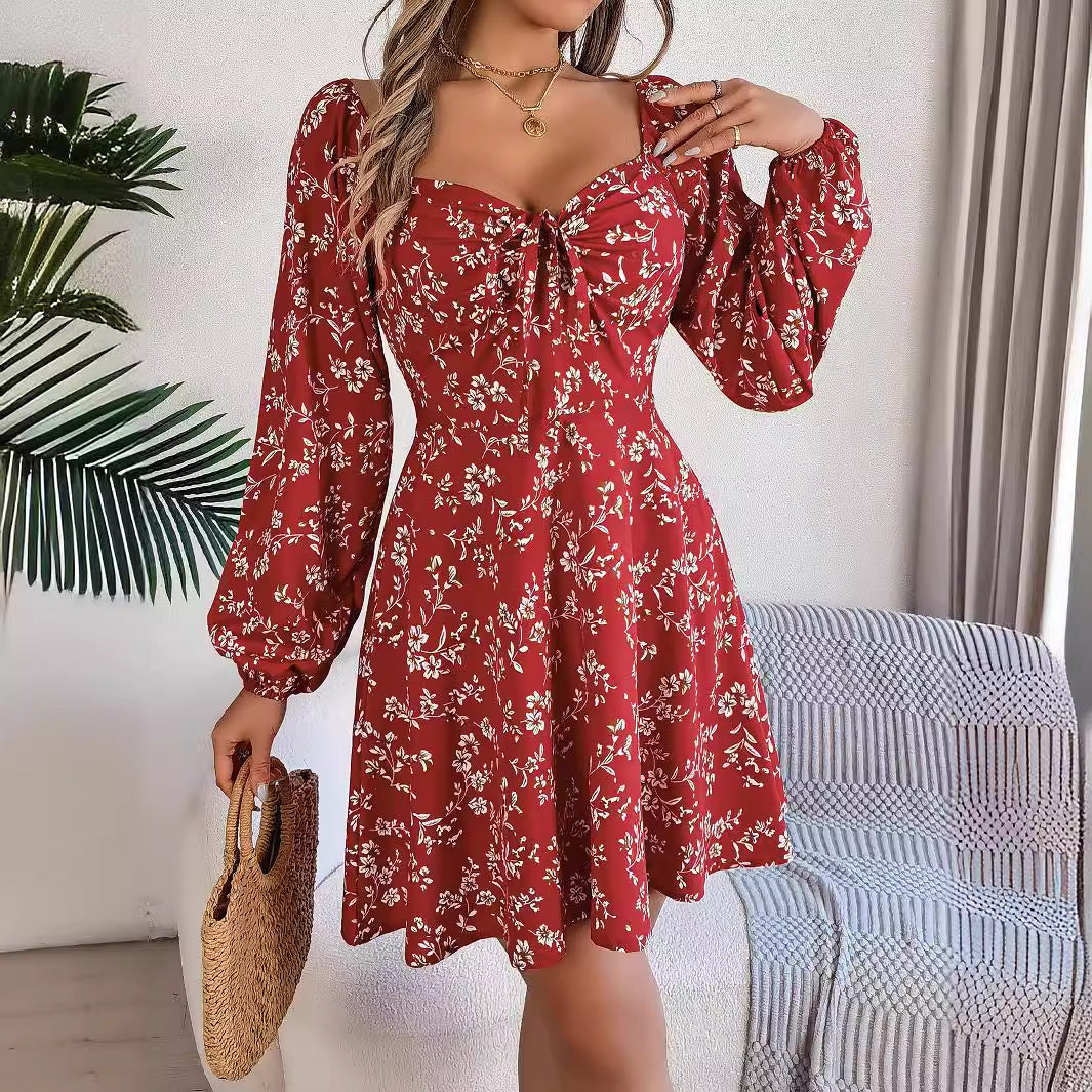 Autumn Winter Casual Sexy Lacing Square Collar Floral Long Sleeve A line Women Clothing by Ragazza