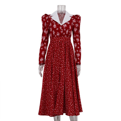 Contrast Color Design Collared Long Sleeve A line Women Waist Controlled Printed Large Swing Dress by Ragazza