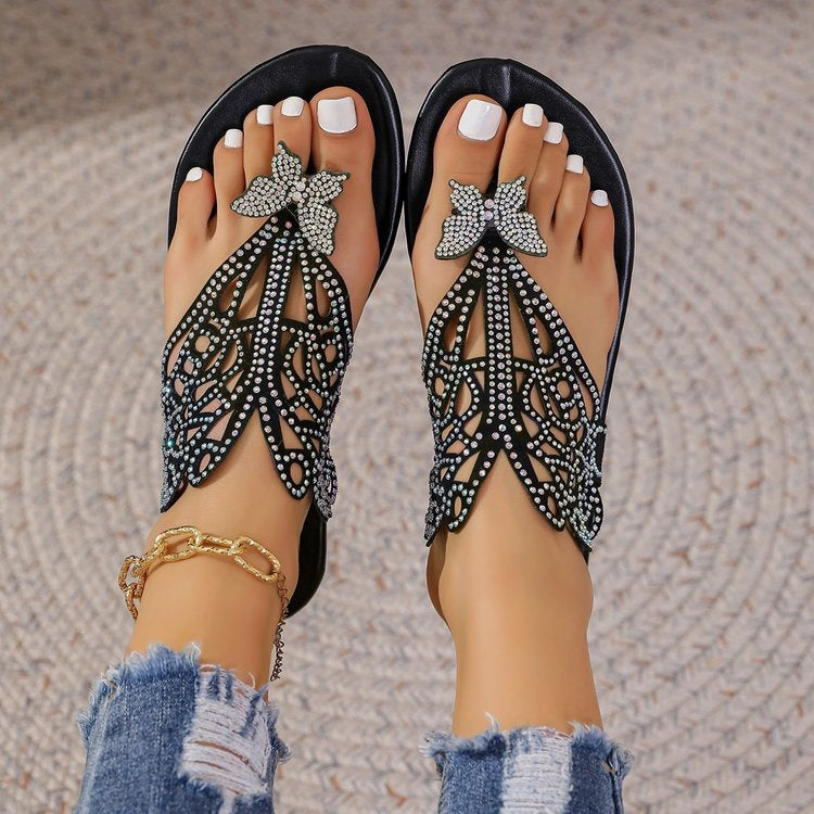 Rhinestone Butterfly Flat Sandals Women Outer Wear Bohemian Seaside Beach Slippers  DestGlow