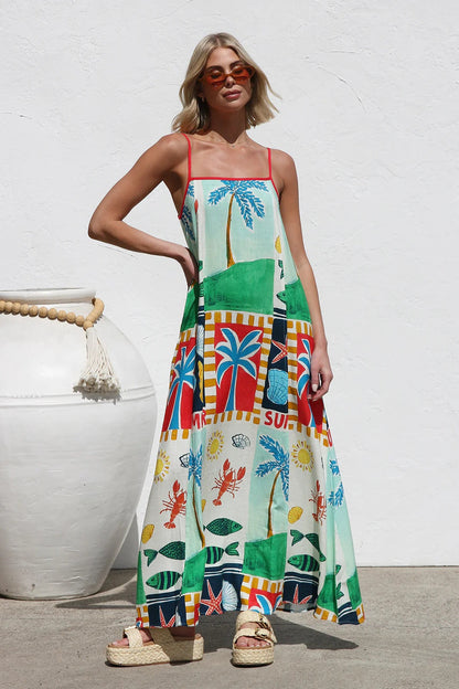 Spring Summer Loose Casual Print off Neck Strap Dress Vacation Dress by Ragazza