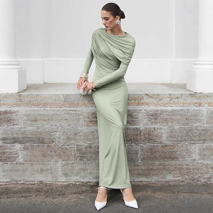 Fall Winter Elegant Long Sleeve Solid Color Knitted Slim Fit Maxi Dress Office Irregular Asymmetric Collar Dress for Women by Ragazza