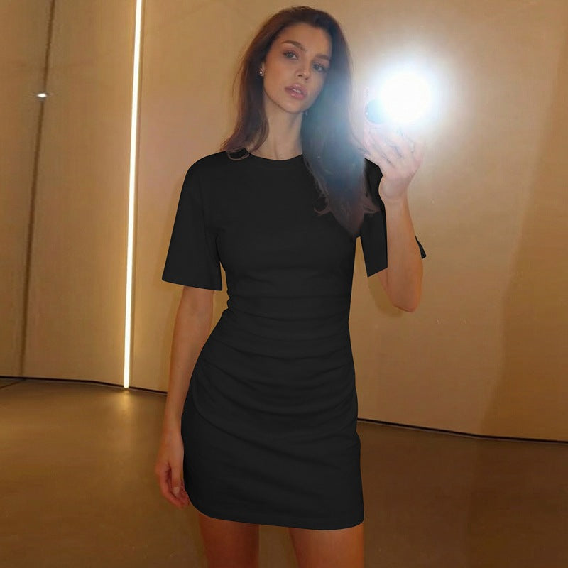 Women Clothing Autumn All Match Simple Pleated Waist Tight Slimming Dress by Ragazza