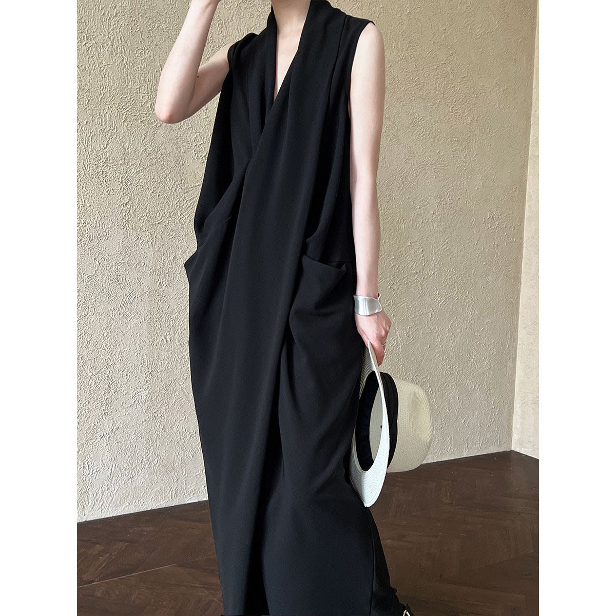 Elegant V neck Sleeveless Twisted Waist Dress Women Slimming Irregular Asymmetric High Grade Hong Kong Long Dress by Ragazza