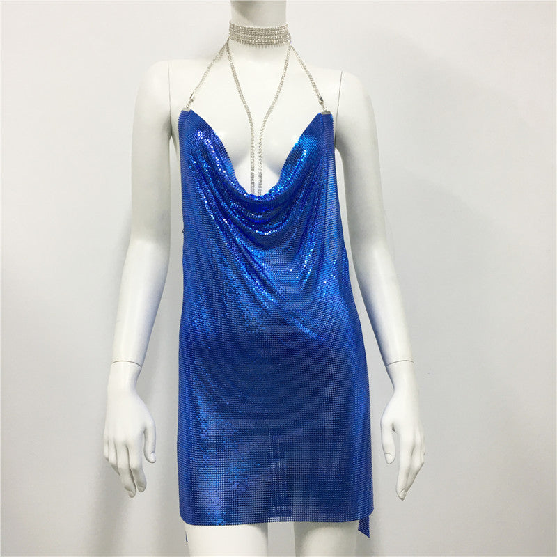 Metallic Coated Fabric Women Clothing Metal Sequ Dress Sexy Sweet Spicy Dress Rhinestone Cami Dress Women by Ragazza