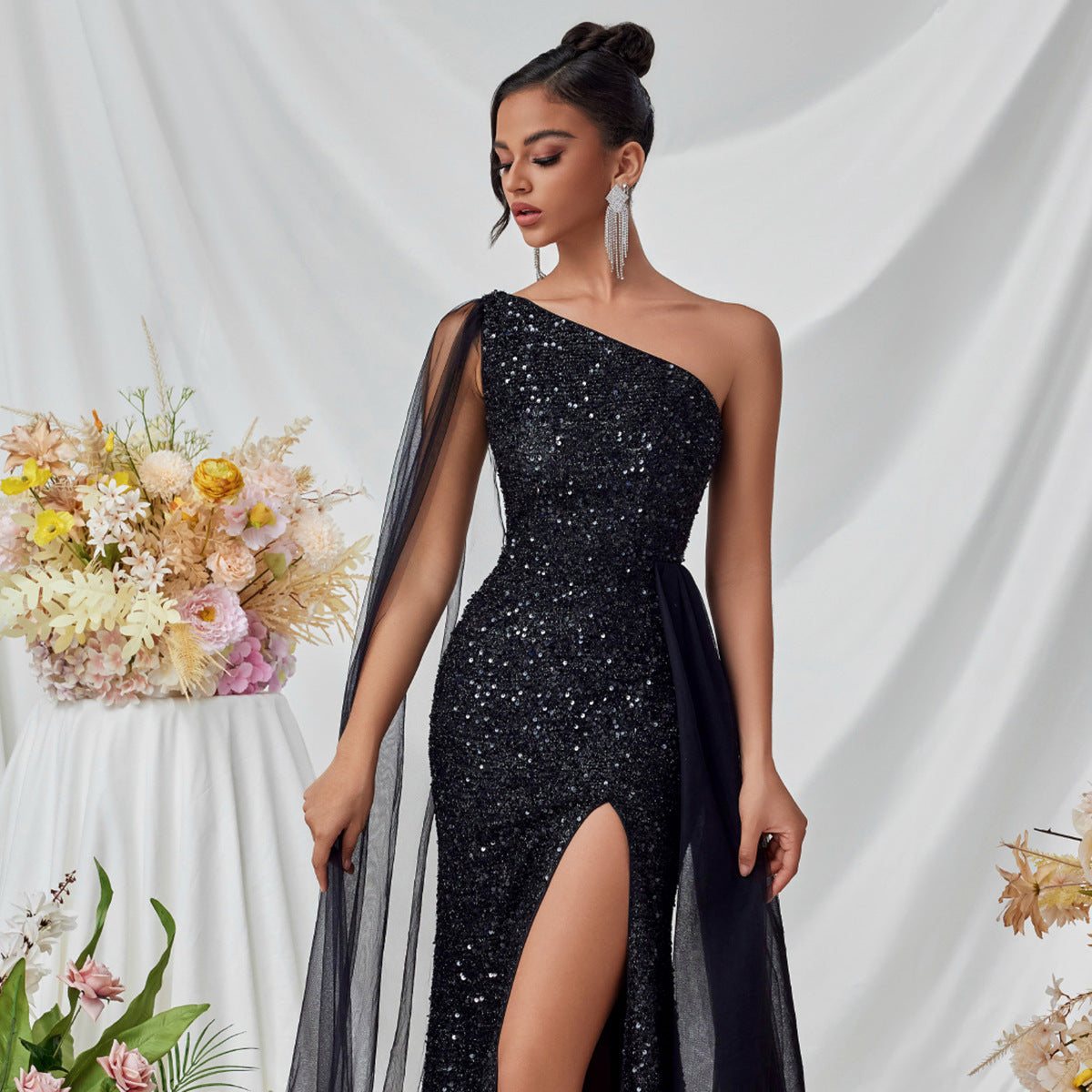 Shoulder Sequined Evening Dress Mesh Ribbon High Slit Design the Dinner Party Stage Maxi Dress by Ragazza