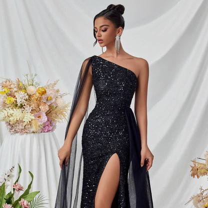 Shoulder Sequined Evening Dress Mesh Ribbon High Slit Design the Dinner Party Stage Maxi Dress by Ragazza