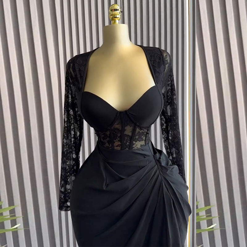 Women Clothing Spring Elegant Square Collar Lace Long Sleeve High Waist Slimming Midi Dress by Ragazza