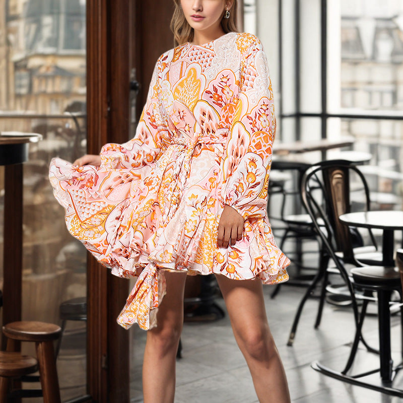 Spring French Vintage Print Lace up Waist Controlled Slimming Long Sleeve Dress Women A line Short Dress by Ragazza