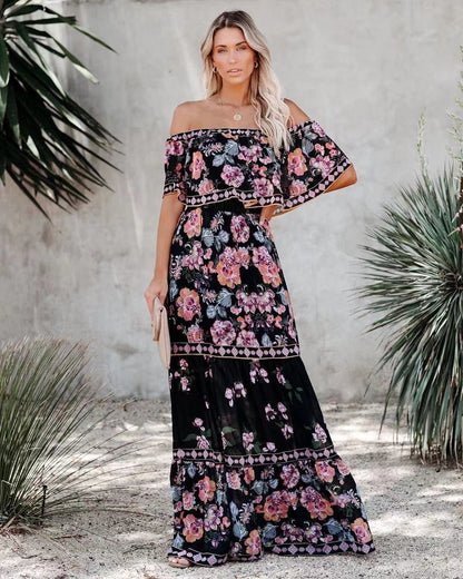 Spring Summer off Shoulder Red Floral Printed Long Large Hem Dress by Ragazza