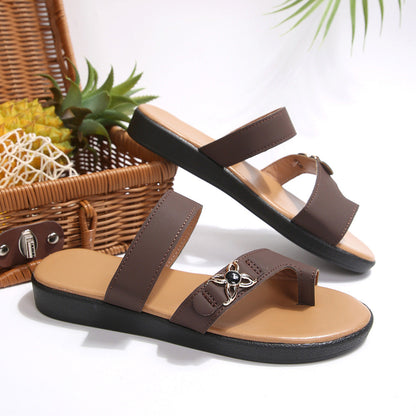Metal Buckle Rhinestone Toe Ring Slippers Women Outer Wear Flat All Match Casual Beach Sandals  DestGlow