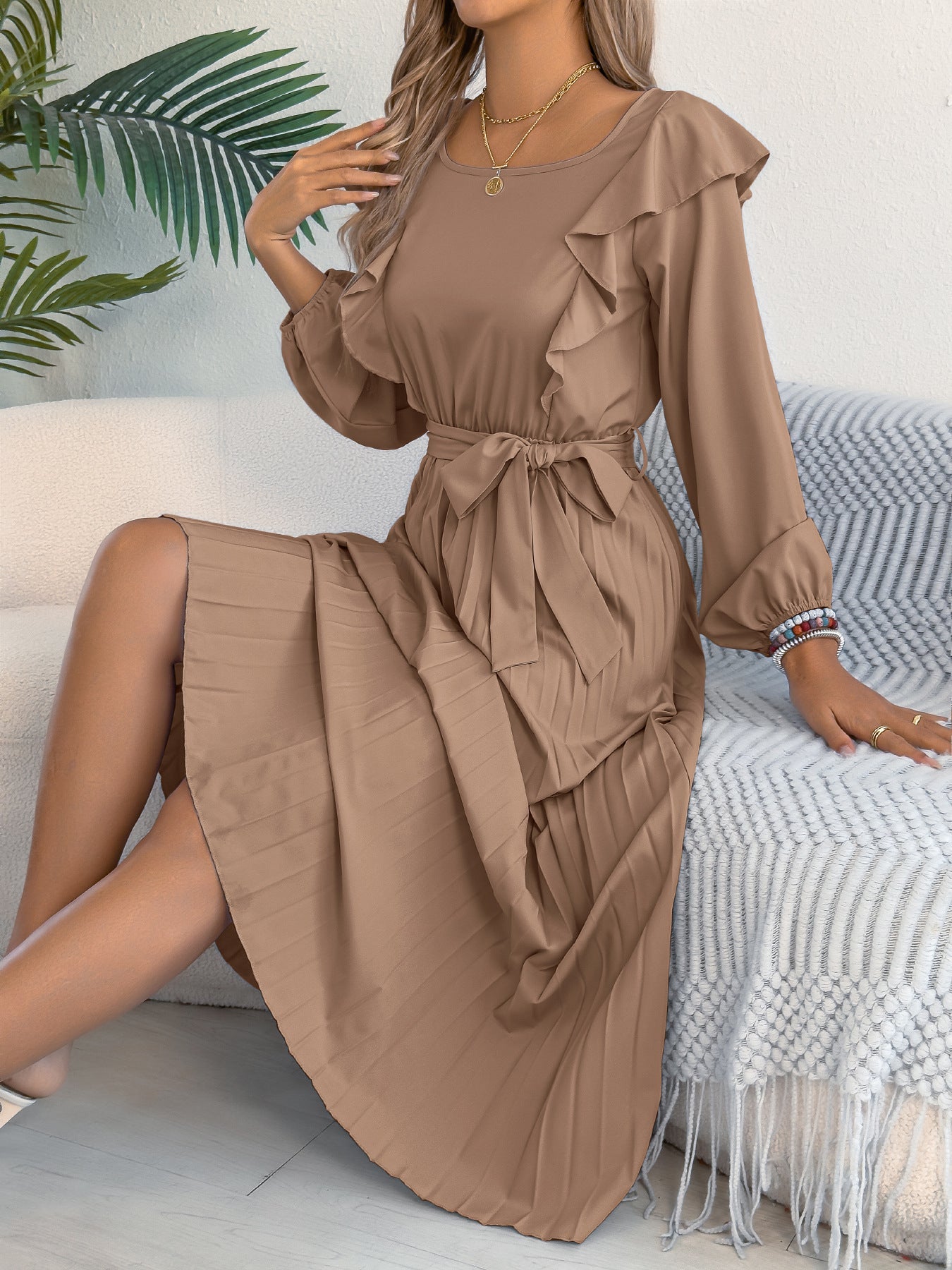 Women Clothing Spring Summer Elegant Ruffled Square Collar Long Sleeve Cinched Pleated Dress by Ragazza