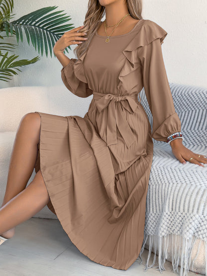 Women Clothing Spring Summer Elegant Ruffled Square Collar Long Sleeve Cinched Pleated Dress by Ragazza
