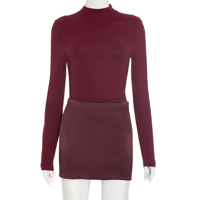 Women Clothing Autumn Winter Crew Neck Long Sleeve Narrow Slim Fit Patchwork Solid Color Dress Women by Ragazza
