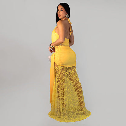 Women Clothing Summer Solid Color Lace Stitching Halter Swing Collar Slit Ribbon Maxi Dress  DestGlow