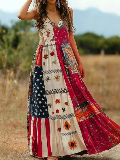 Retro Star Stripes Stitching Bohemian Dress Women Summer V neck Swing Vacation Dress  DestGlow