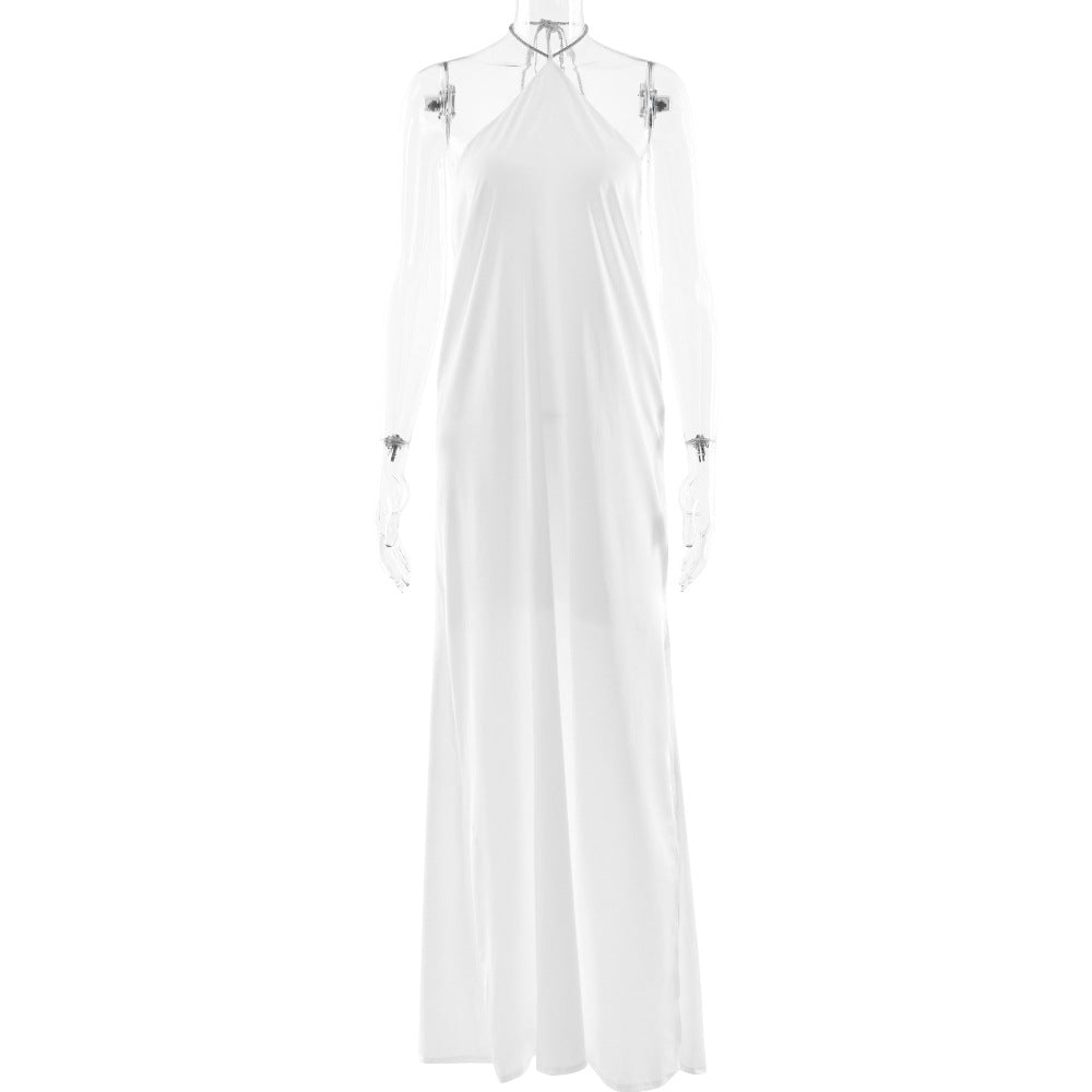 Arrival Advanced Satin Halter Dress Sexy Backless Solid Color Split Slim Fit Maxi Dress by Ragazza