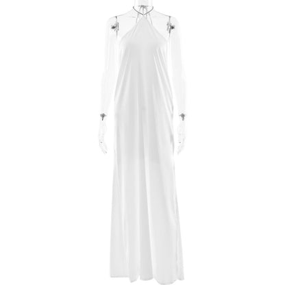 Arrival Advanced Satin Halter Dress Sexy Backless Solid Color Split Slim Fit Maxi Dress by Ragazza