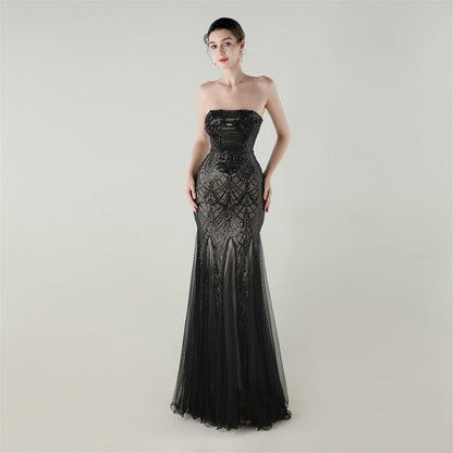 Tube Top Cross Strap Beaded Tube Floral Sequin Mesh Evening Dress Cocktail Wedding Social Elegant Clothing by Ragazza