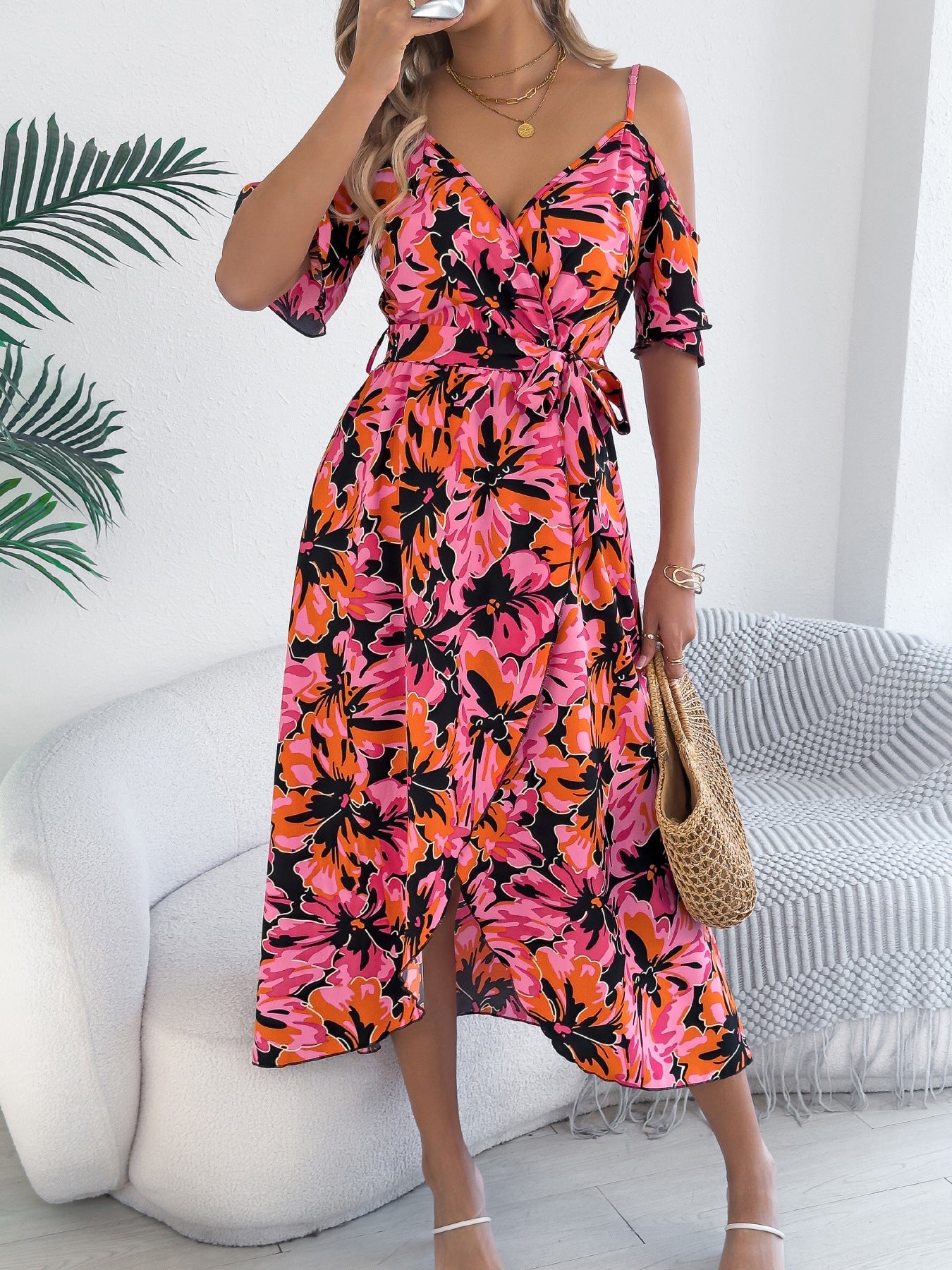 Spring Summer Strapless Cross V neck Floral Strap Dress Holiday Dress Women Clothing by Ragazza