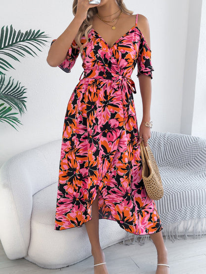 Spring Summer Strapless Cross V neck Floral Strap Dress Holiday Dress Women Clothing by Ragazza