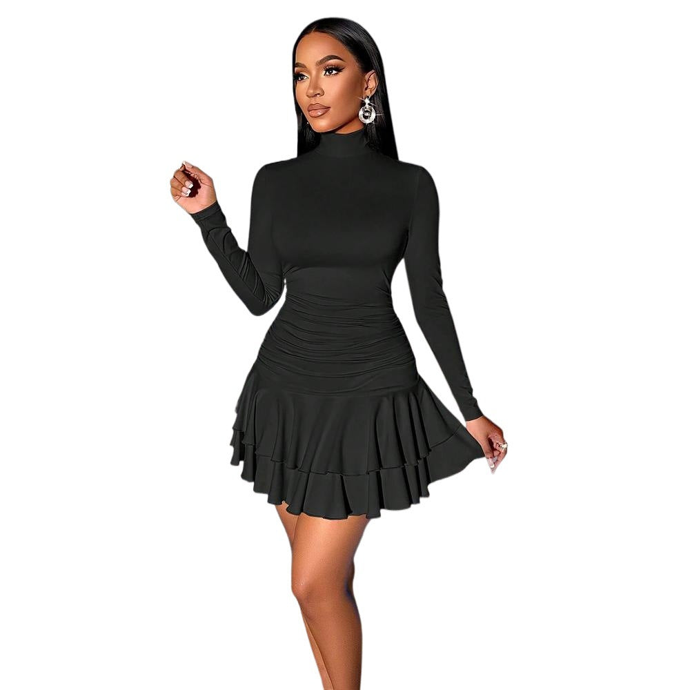 Turtleneck Slim Knit Dress Women Black Waist Indirect Pleated Double Layer Ruffled Short Dress by Ragazza
