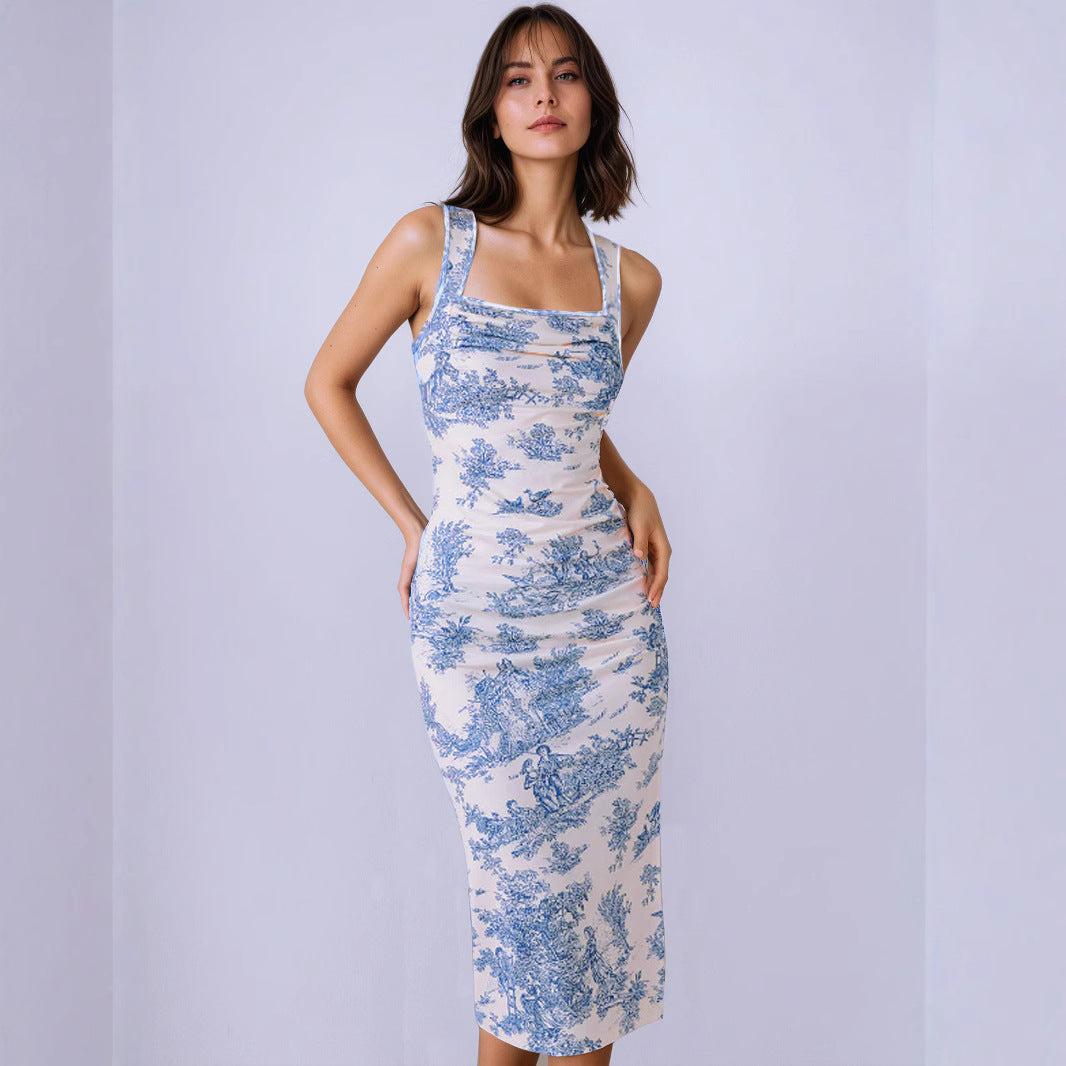 Summer Fresh Maxi Dress Square Collar Slimming Side Slit Sling Dress by Ragazza