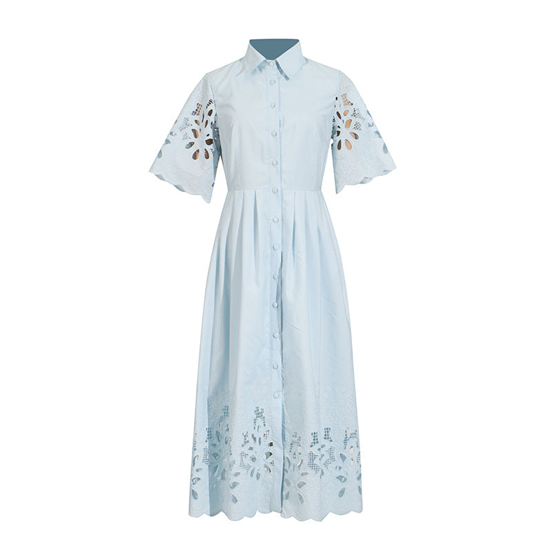 Personalized Embroidered Retro Dress Summer Polo Collar Half Sleeve Hollow Out Cutout Single Breasted Dress by Ragazza
