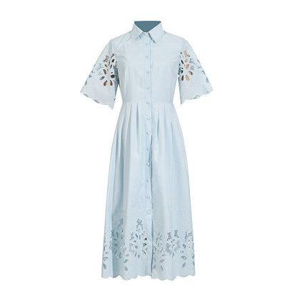 Personalized Embroidered Retro Dress Summer Polo Collar Half Sleeve Hollow Out Cutout Single Breasted Dress by Ragazza