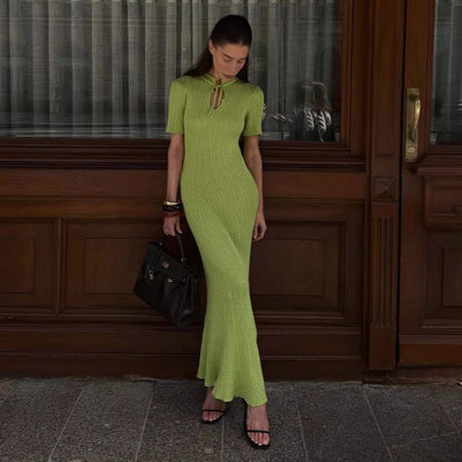 Summer Women Candy Color Slim Fit Dress Women Summer round Neck Short Sleeves Knitted Long Sweater Dress by Ragazza