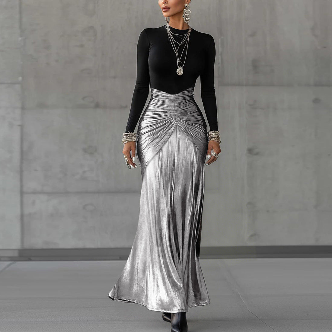 Winter Women Clothing Fashionable Elegant Long Sleeve Stitching Ruffle Waist Tight Elegant Dress by Ragazza