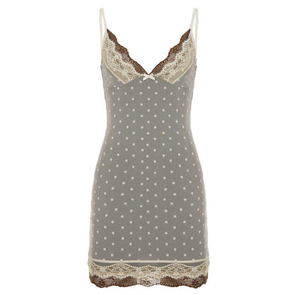 Sexy Polka Dot Lace Lace Contrast Color Cami Dress Faux Two Piece Flocking Mesh Dress by Ragazza