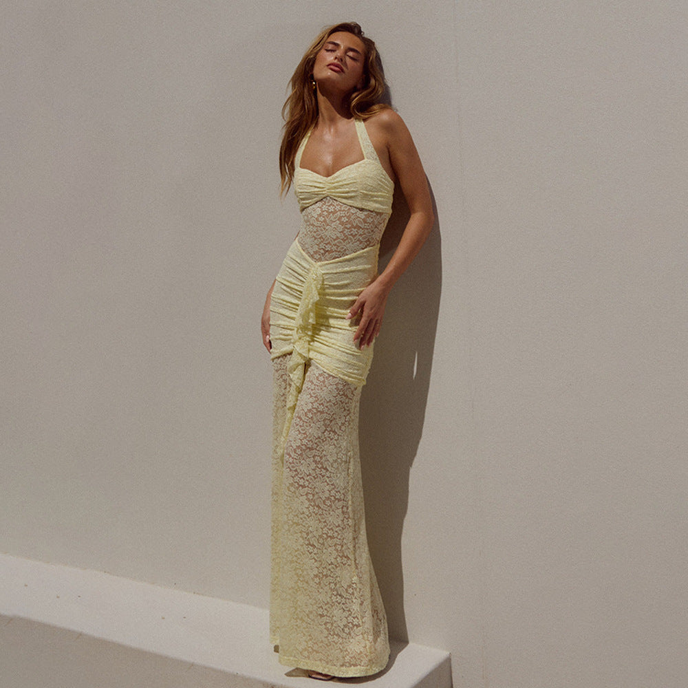 Summer Elegant Halter Lace Maxi Dress Sexy Sleeveless Backless Slim Fit Dress Women by Ragazza