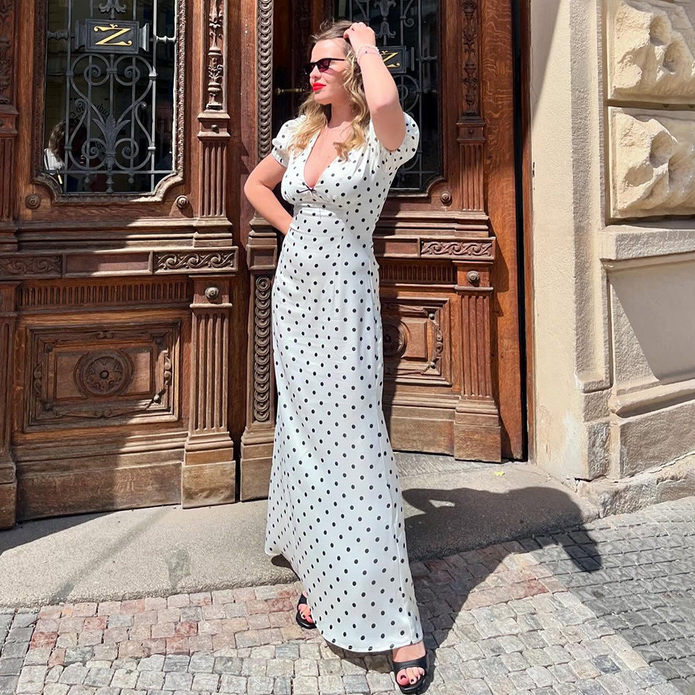 V neck Waist-Controlled Lace up Puff Sleeve Polka Dot Elegant Sexy Slim Dress Maxi Dress by Ragazza