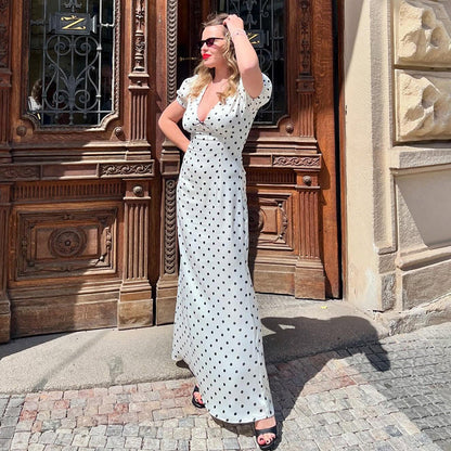V neck Waist-Controlled Lace up Puff Sleeve Polka Dot Elegant Sexy Slim Dress Maxi Dress by Ragazza