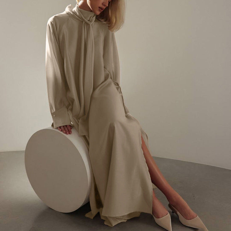 Women Clothing Stand up Collar Tie Dress Long Sleeve Side Slit Loose Casual Dress by Ragazza