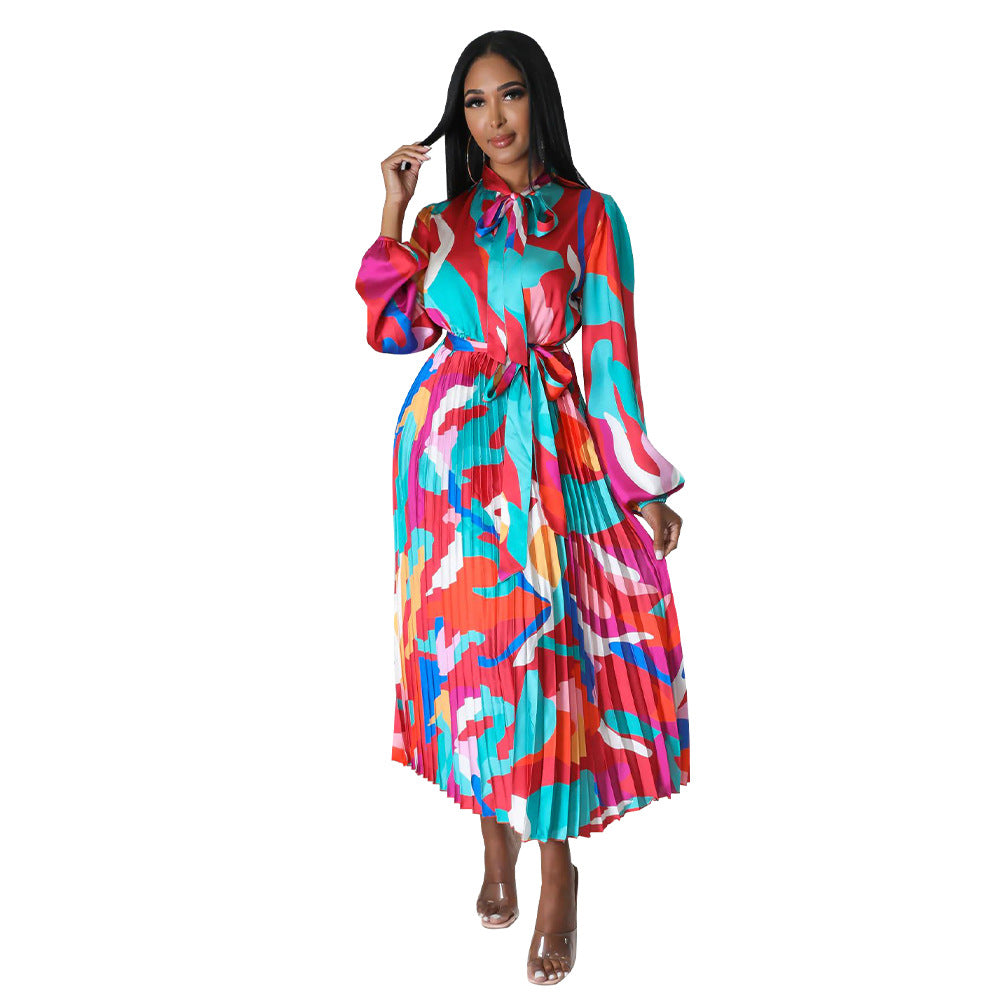 Women Clothing Lace up Long Sleeve Printed Pleated Dress by Ragazza