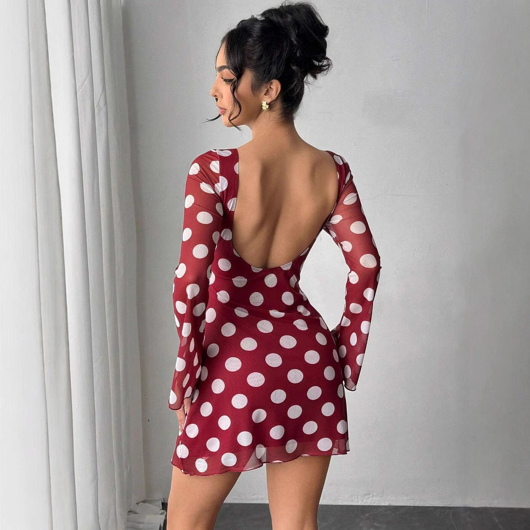 Spring Summer Lady Sexy Polka Dot Backless Mesh Flare Sleeve Mini Dress by Ragazza