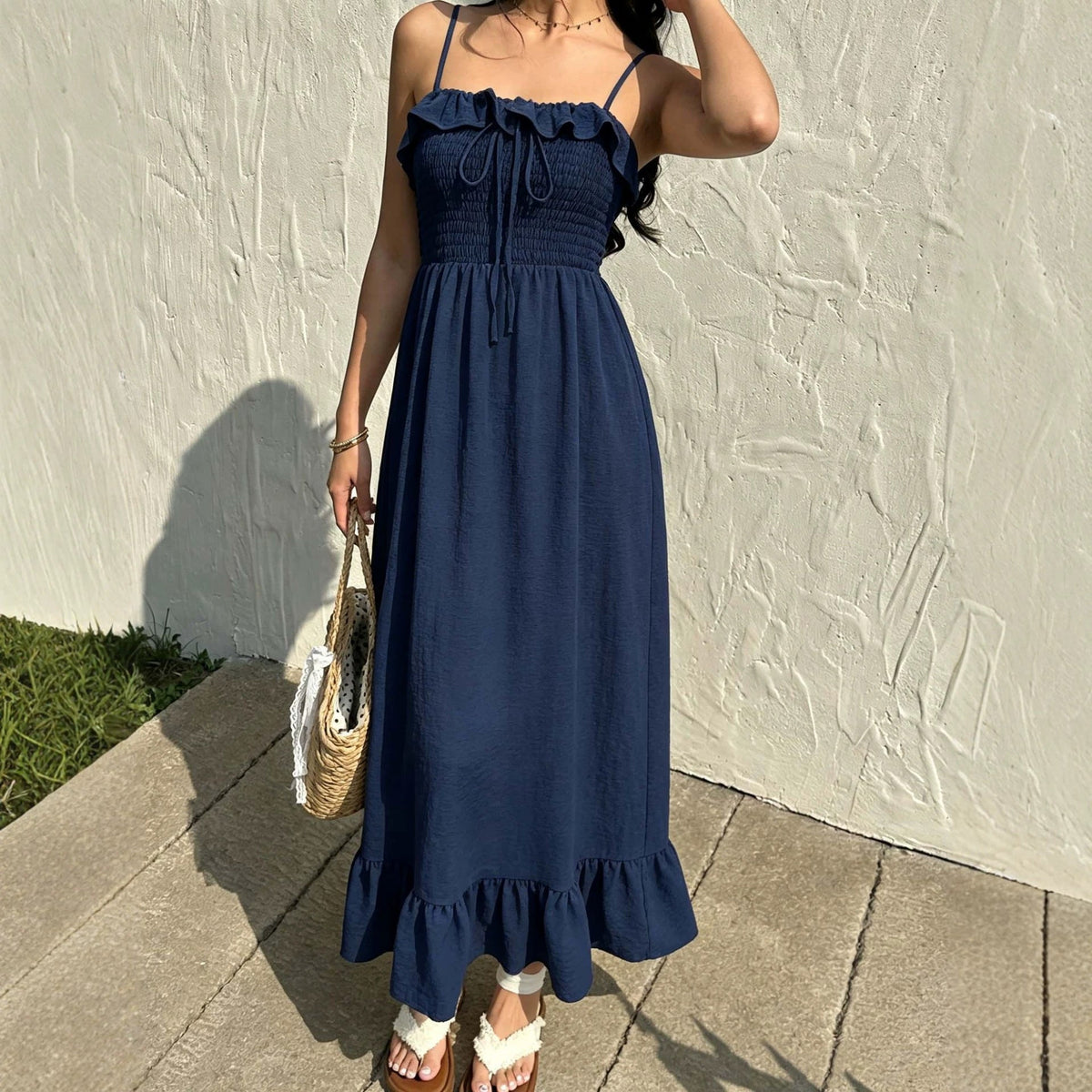 Ruffled Spaghetti Straps Dress Women Summer Tight Waist Slim Backless Long Vacation  DestGlow