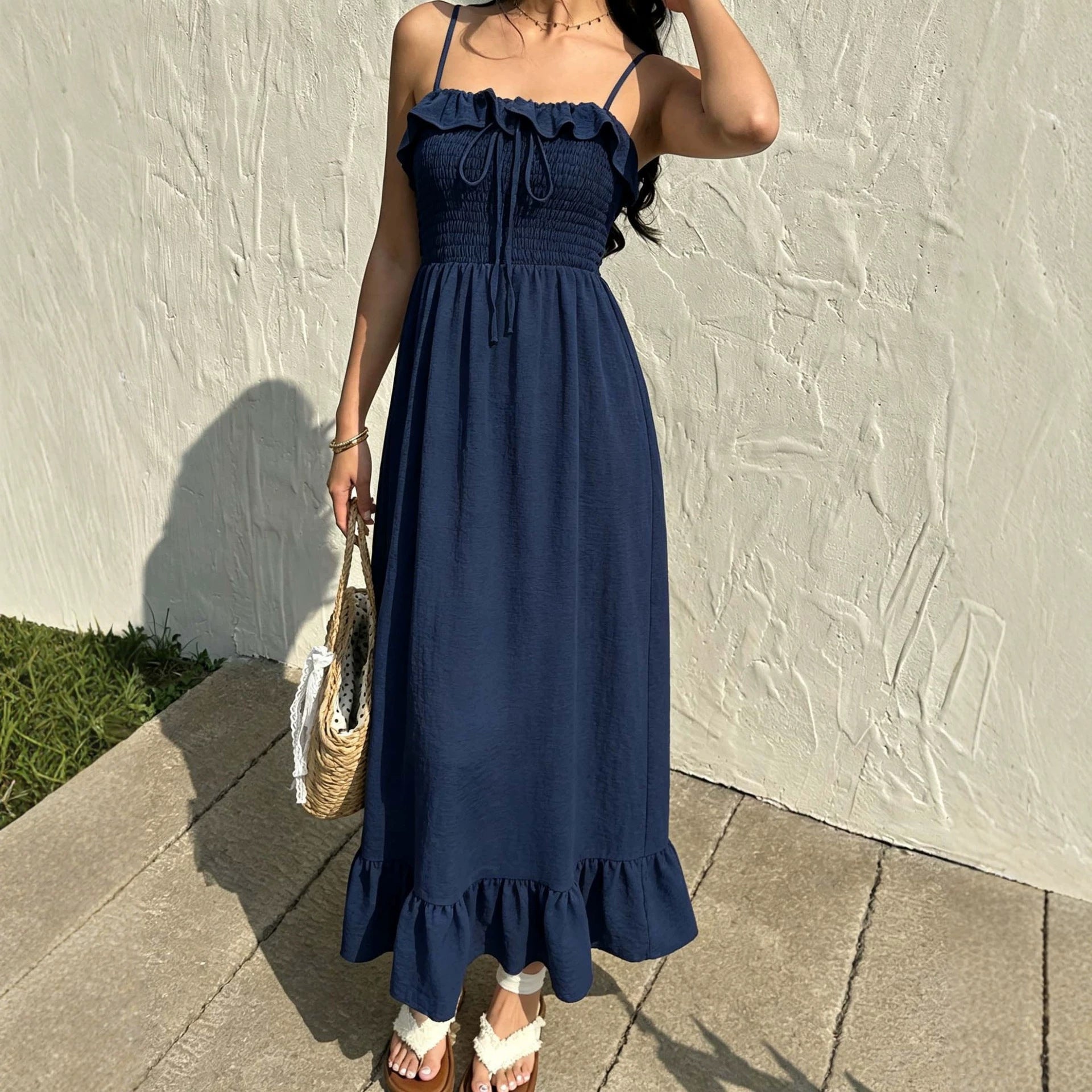 Ruffled Spaghetti Straps Dress Women Summer Tight Waist Slim Backless Long Vacation  DestGlow