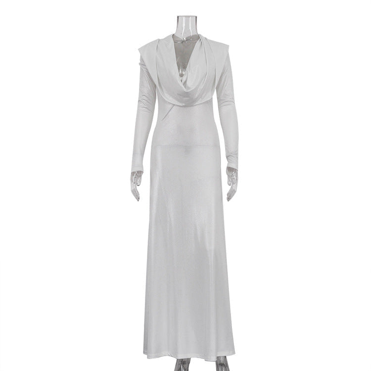 Elegant Dress Women Solid Color Long Sleeve Swing Collar Hooded Slim Fit High Waist Sheath Dress by Ragazza